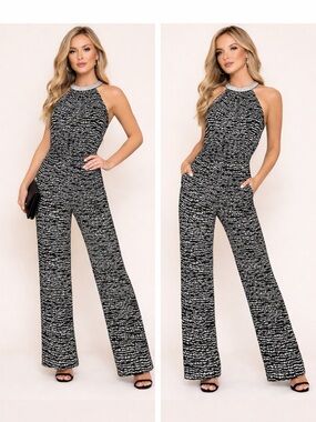 Black and White Patterned Jumpsuit Sz 8 Ivy + Blue with Silver Accents